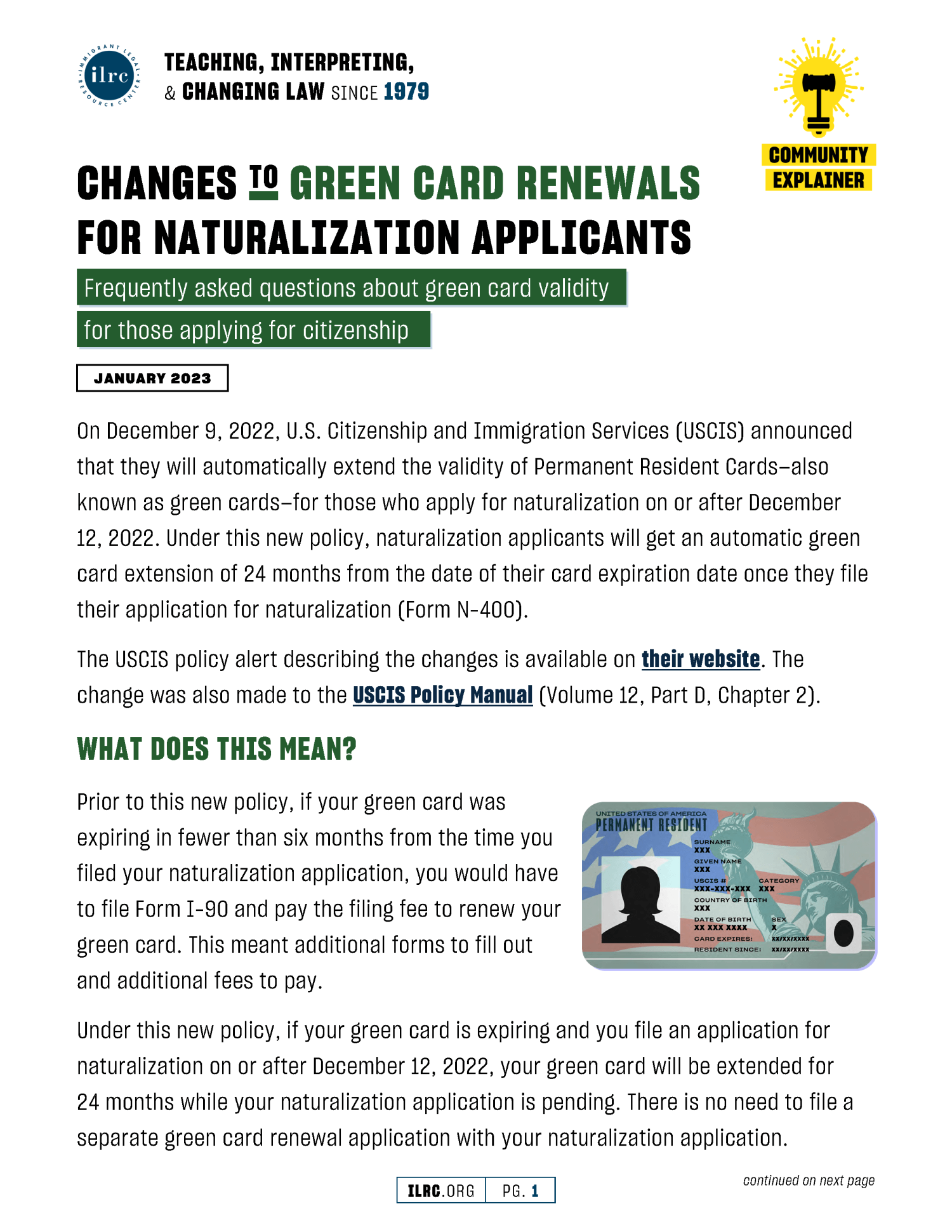 Changes To Green Card Renewals For Naturalization Applicants   Changes To Green Card Renewals For Naturalization Applicants Page 1 